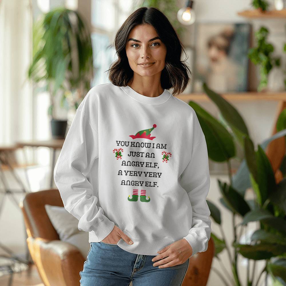 Angry Elf. Fun Christmas Season Themed Sweatshirt for the Festivities. Work or Play. Gildan 18000 Unisex Crewneck Sweatshirt