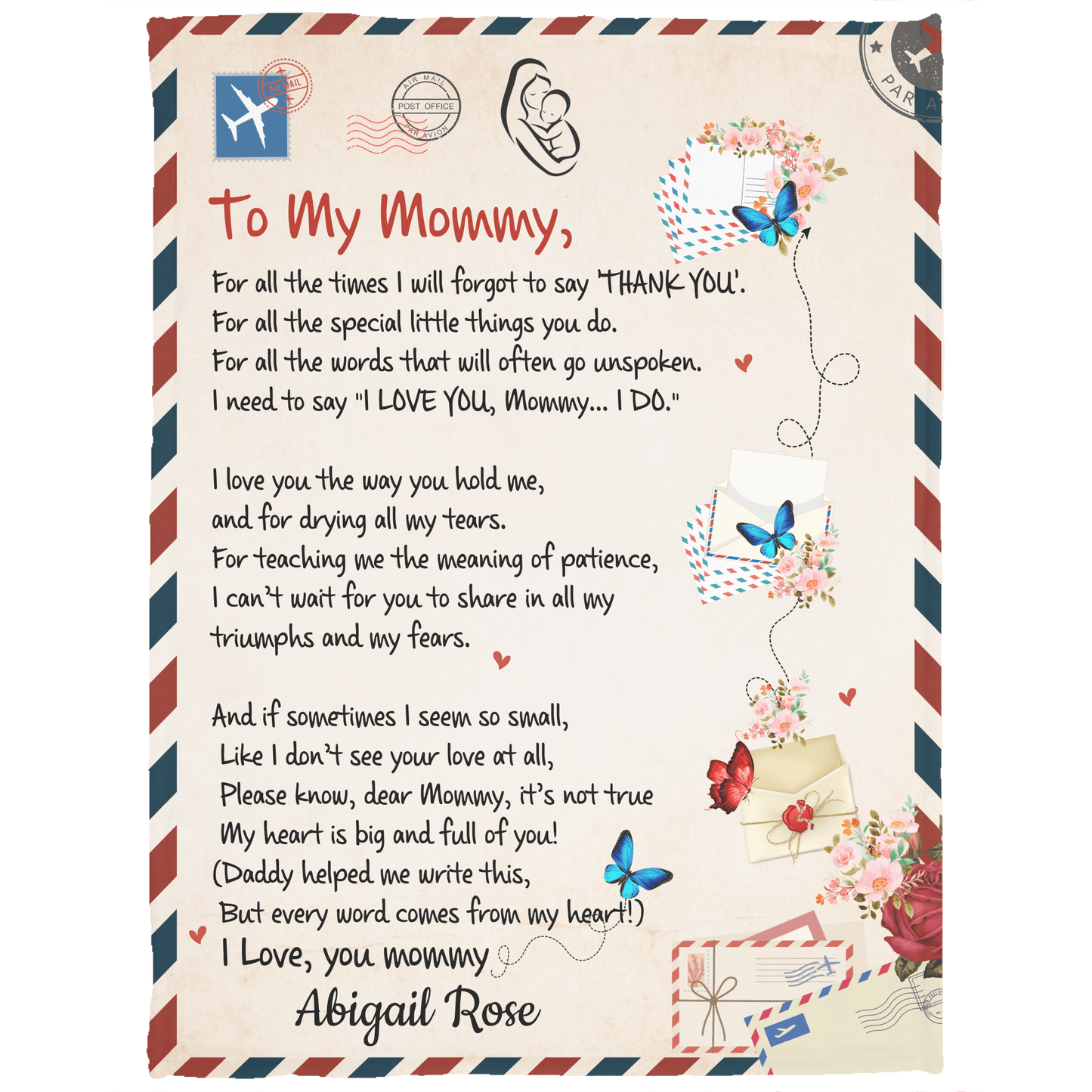 Personalized Mom Throw Blanket, Cozy Air Mail Fleece, Heartfelt Gift for Mother's/Babies, Custom Message Keepsake, Heartfelt Message Blanket