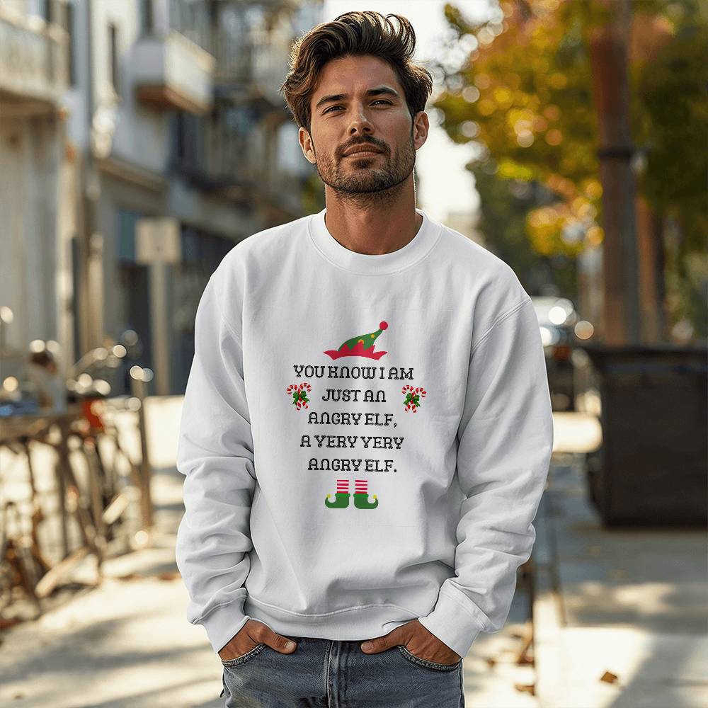 Angry Elf. Fun Christmas Season Themed Sweatshirt for the Festivities. Work or Play. Gildan 18000 Unisex Crewneck Sweatshirt