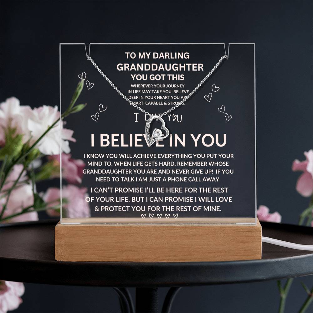 Granddaughter, Keepsake Acrylic Bundle (Forever Love) Acrylic Nightlight and Forever Love Necklace