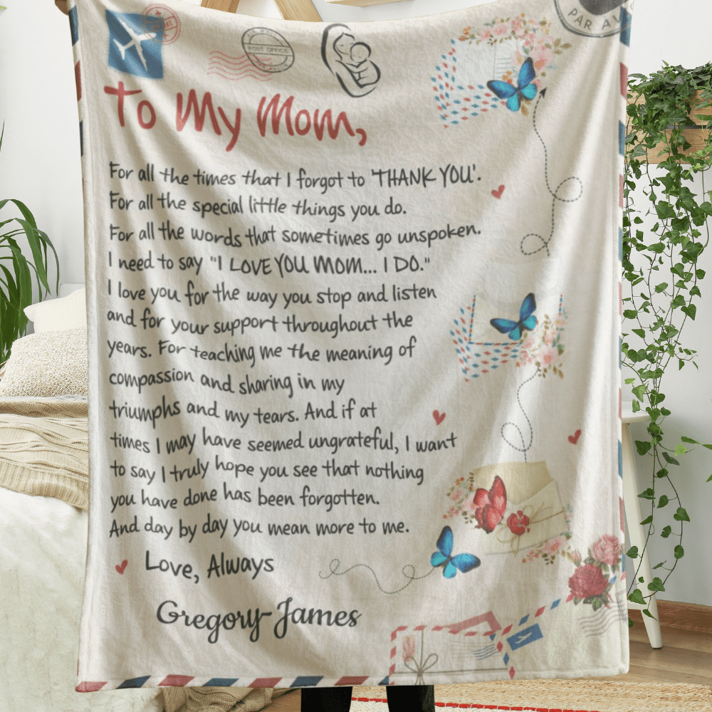Personalized Mom Throw Blanket, Cozy Air Mail Fleece, Heartfelt Gift for Mother's/Babies, Custom Message Keepsake, Heartfelt Message Blanket