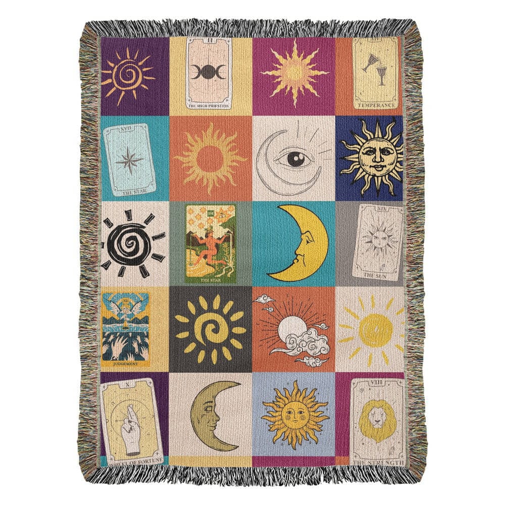 Tarot Woven Blanket – Celestial Sun Moon Throw with Major Arcana Cards, Astrology Decor, Cozy Boho Gift for Spiritual Friends