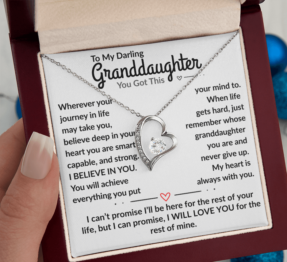Heart-shaped necklace with sentimental message card for granddaughter