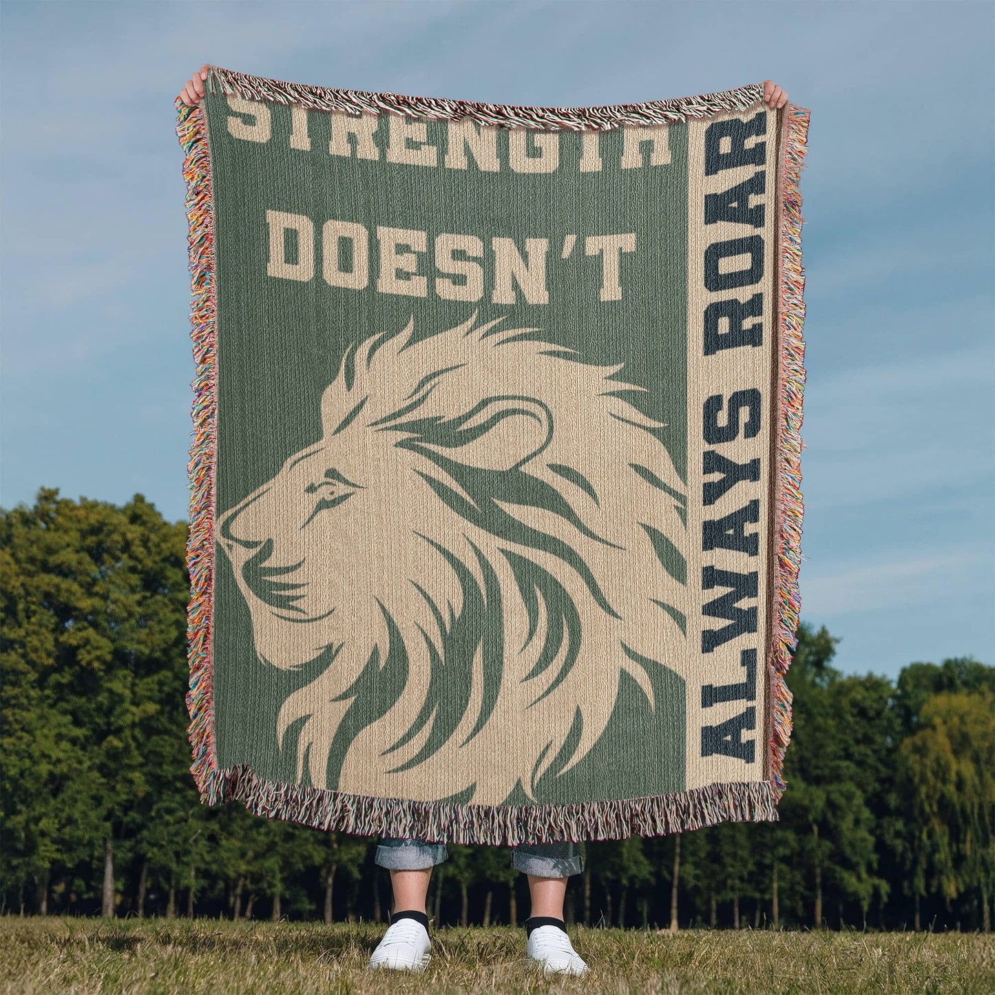 Strength Doesn’t Always Roar Blanket – Woven Lion Throw, Encouragement Gift