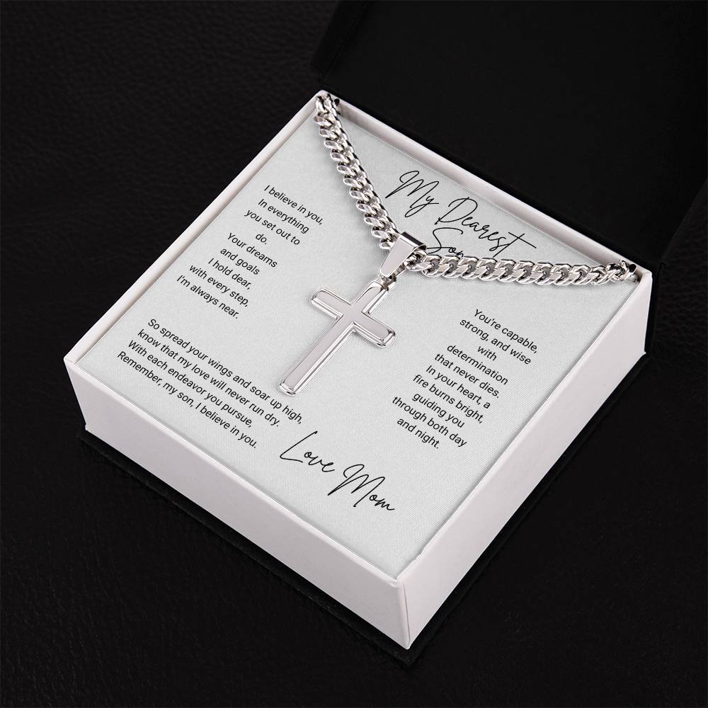 To My Son | I Believe In You, Love Mom | Personalized Steel Cross Necklace on Cuban Chain w/ MC | Graduation | Wedding |New Job - BespokeBliss