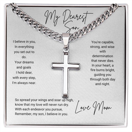 To My Son | I Believe In You, Love Mom | Personalized Steel Cross Necklace on Cuban Chain w/ MC | Graduation | Wedding |New Job - BespokeBliss