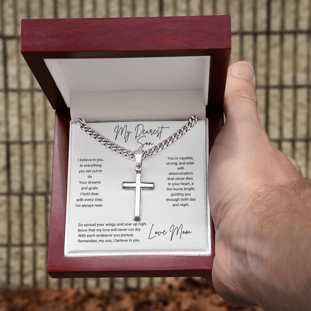 To My Son | I Believe In You, Love Mom | Personalized Steel Cross Necklace on Cuban Chain w/ MC | Graduation | Wedding |New Job - BespokeBliss
