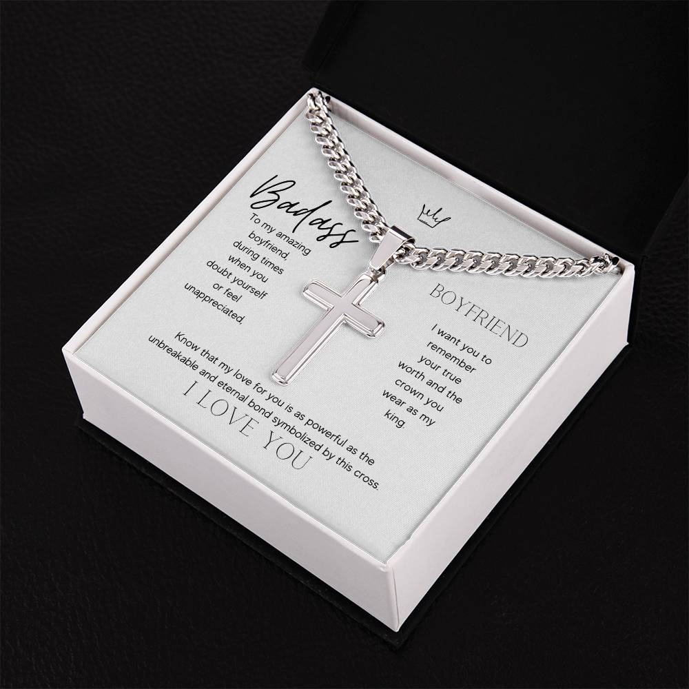 Badass Boyfriend Artisan Cross Necklace on Cuban Chain Gift | Boyfriend Gift Anniversary Birthday - BespokeBliss