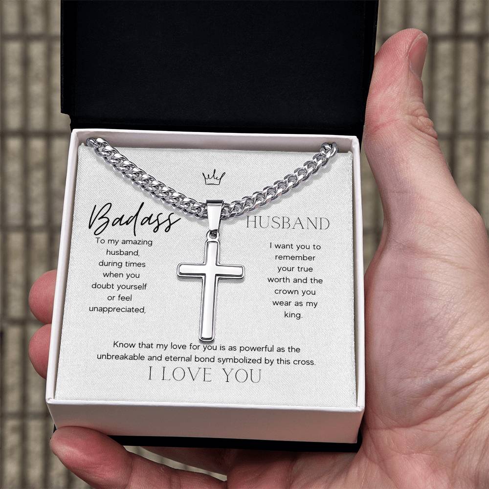 Badass Husband Artisan Cross Necklace on Cuban Chain Gift | Husband Gift Anniversary Birthday - BespokeBliss