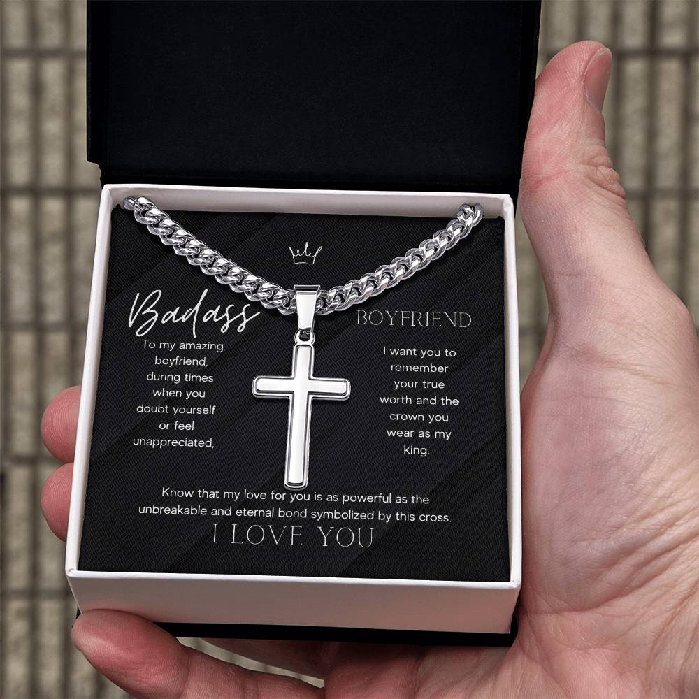 Badass Boyfriend Artisan Cross Necklace on Cuban Chain Gift | Boyfriend Gift Anniversary Birthday - BespokeBliss