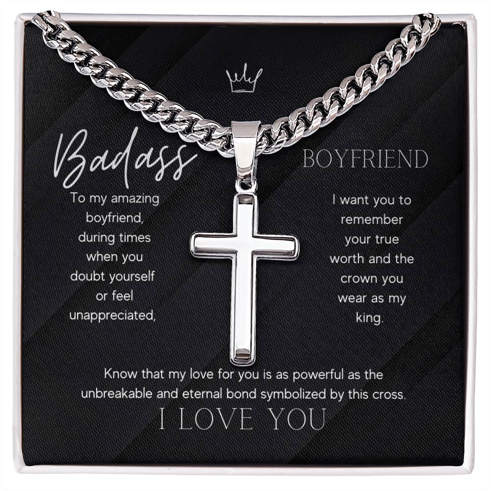 Badass Boyfriend Artisan Cross Necklace on Cuban Chain Gift | Boyfriend Gift Anniversary Birthday - BespokeBliss