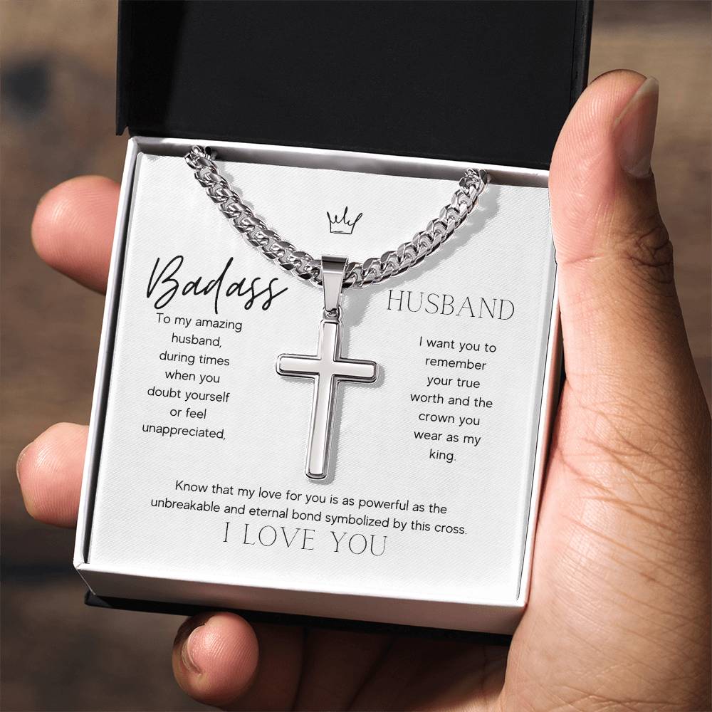 Badass Husband Artisan Cross Necklace on Cuban Chain Gift | Husband Gift Anniversary Birthday - BespokeBliss