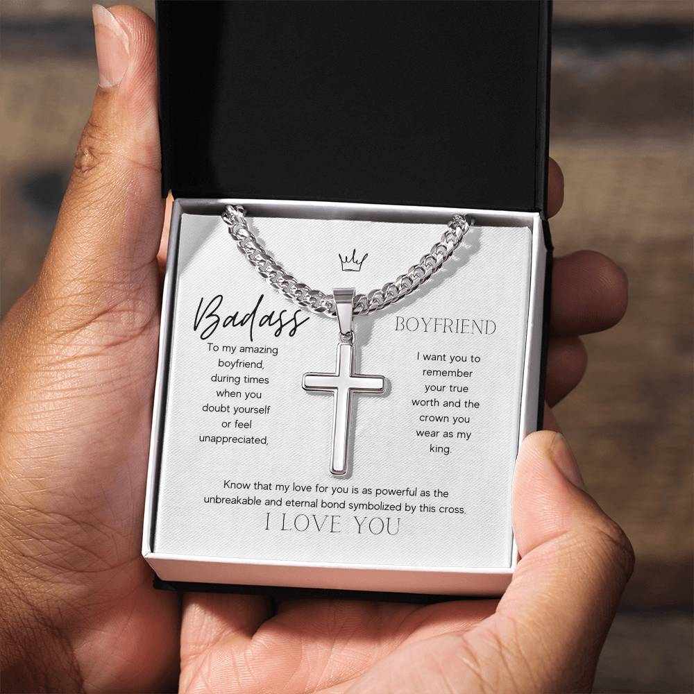 Badass Boyfriend Artisan Cross Necklace on Cuban Chain Gift | Boyfriend Gift Anniversary Birthday - BespokeBliss