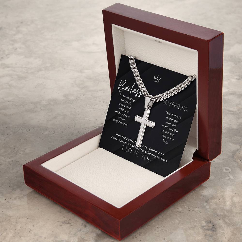 Badass Boyfriend Artisan Cross Necklace on Cuban Chain Gift | Boyfriend Gift Anniversary Birthday - BespokeBliss