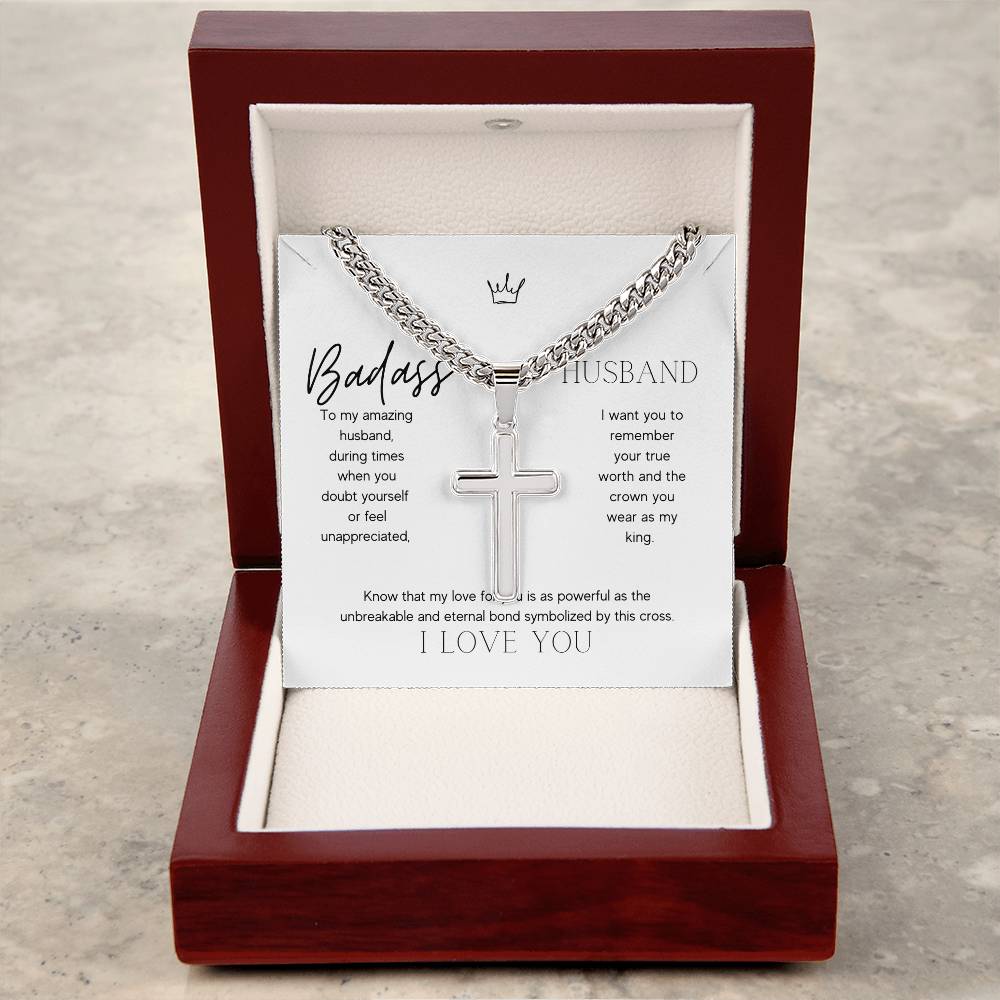 Badass Husband Artisan Cross Necklace on Cuban Chain Gift | Husband Gift Anniversary Birthday - BespokeBliss