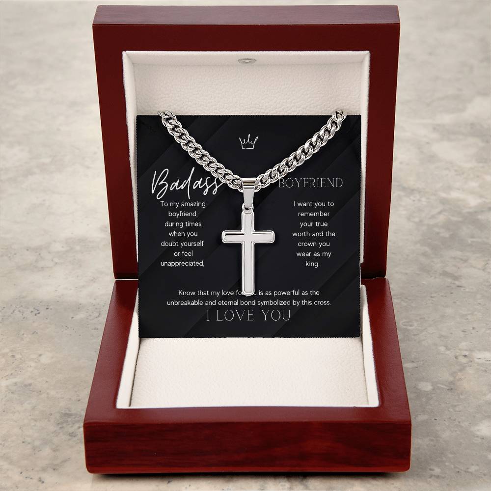 Badass Boyfriend Artisan Cross Necklace on Cuban Chain Gift | Boyfriend Gift Anniversary Birthday - BespokeBliss