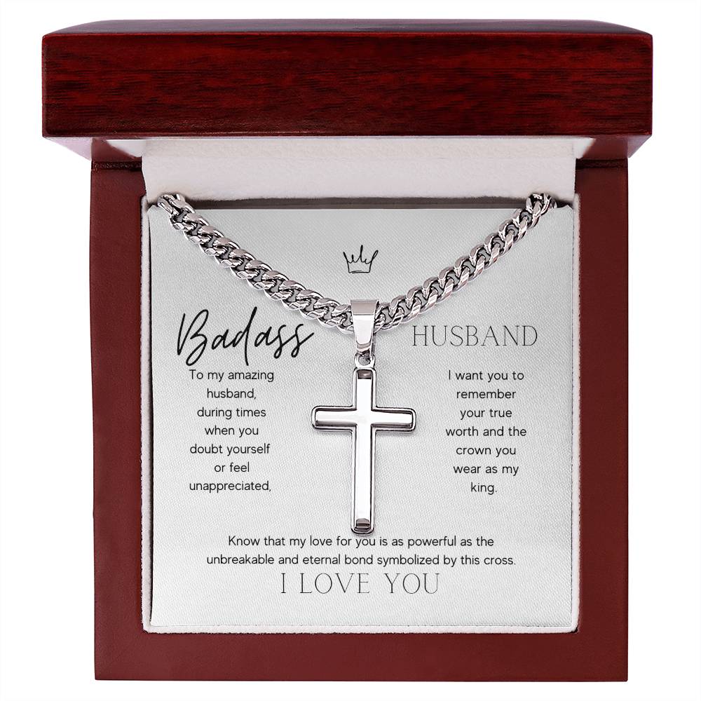 Badass Husband Artisan Cross Necklace on Cuban Chain Gift | Husband Gift Anniversary Birthday - BespokeBliss
