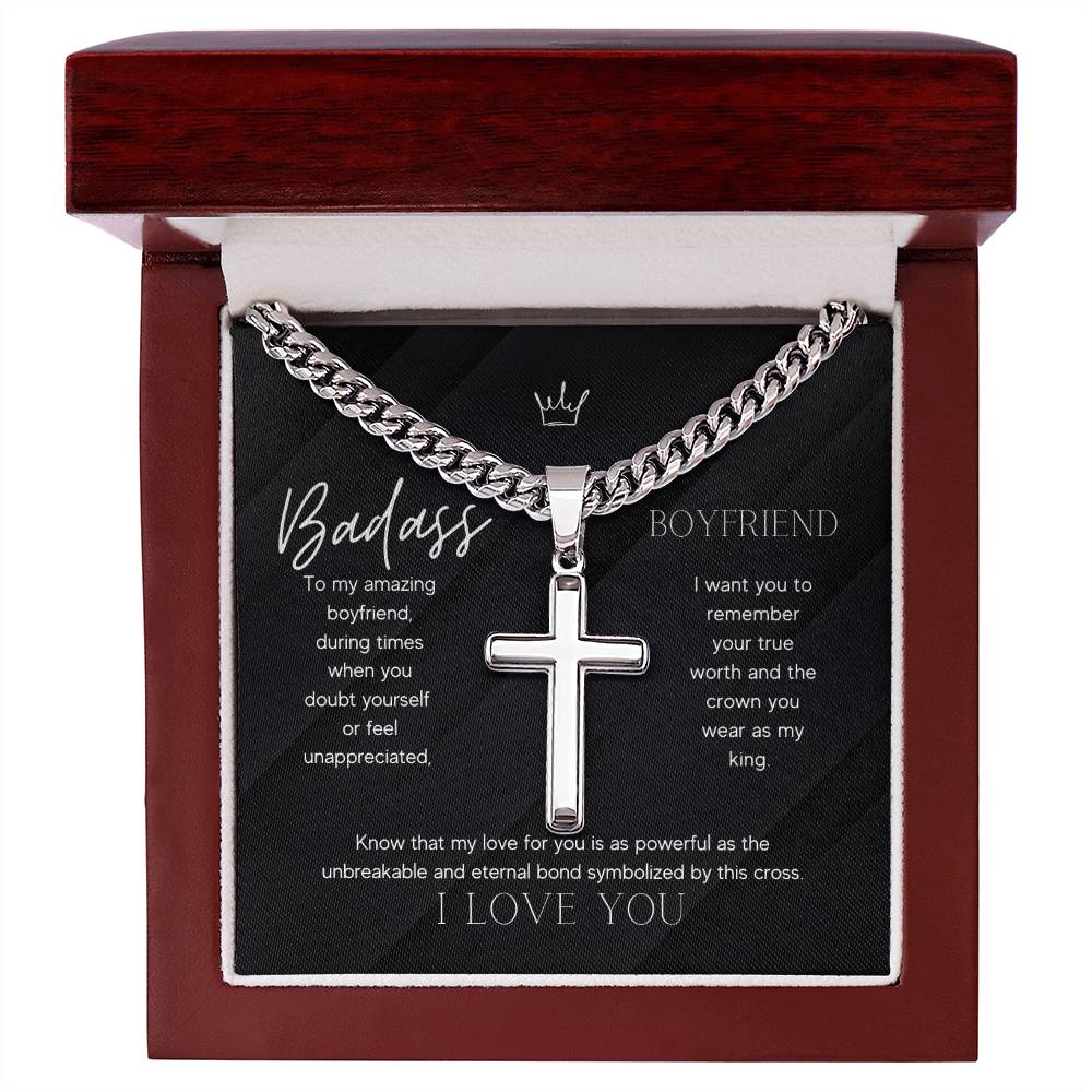 Badass Boyfriend Artisan Cross Necklace on Cuban Chain Gift | Boyfriend Gift Anniversary Birthday - BespokeBliss