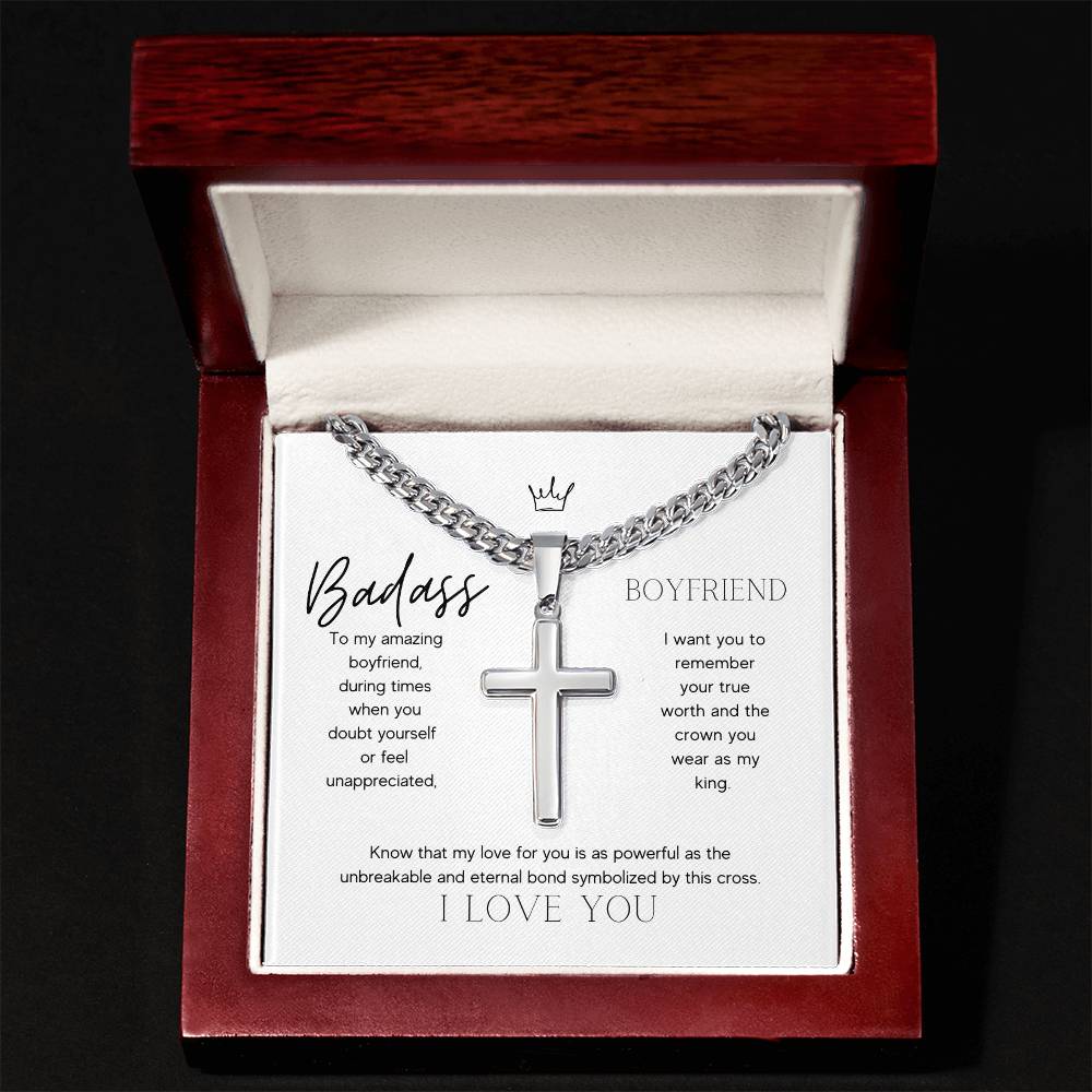 Badass Boyfriend Artisan Cross Necklace on Cuban Chain Gift | Boyfriend Gift Anniversary Birthday - BespokeBliss