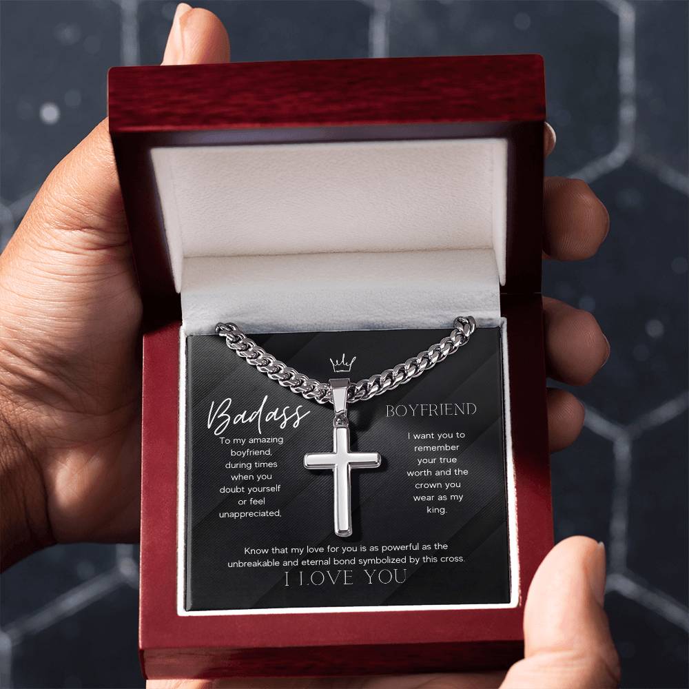 Badass Boyfriend Artisan Cross Necklace on Cuban Chain Gift | Boyfriend Gift Anniversary Birthday - BespokeBliss