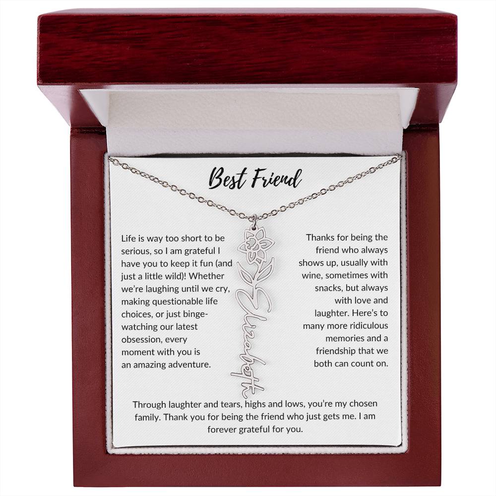 To My Best Friend, Life is Way To Short | Personalized Birth Month Name Necklace & Message Card