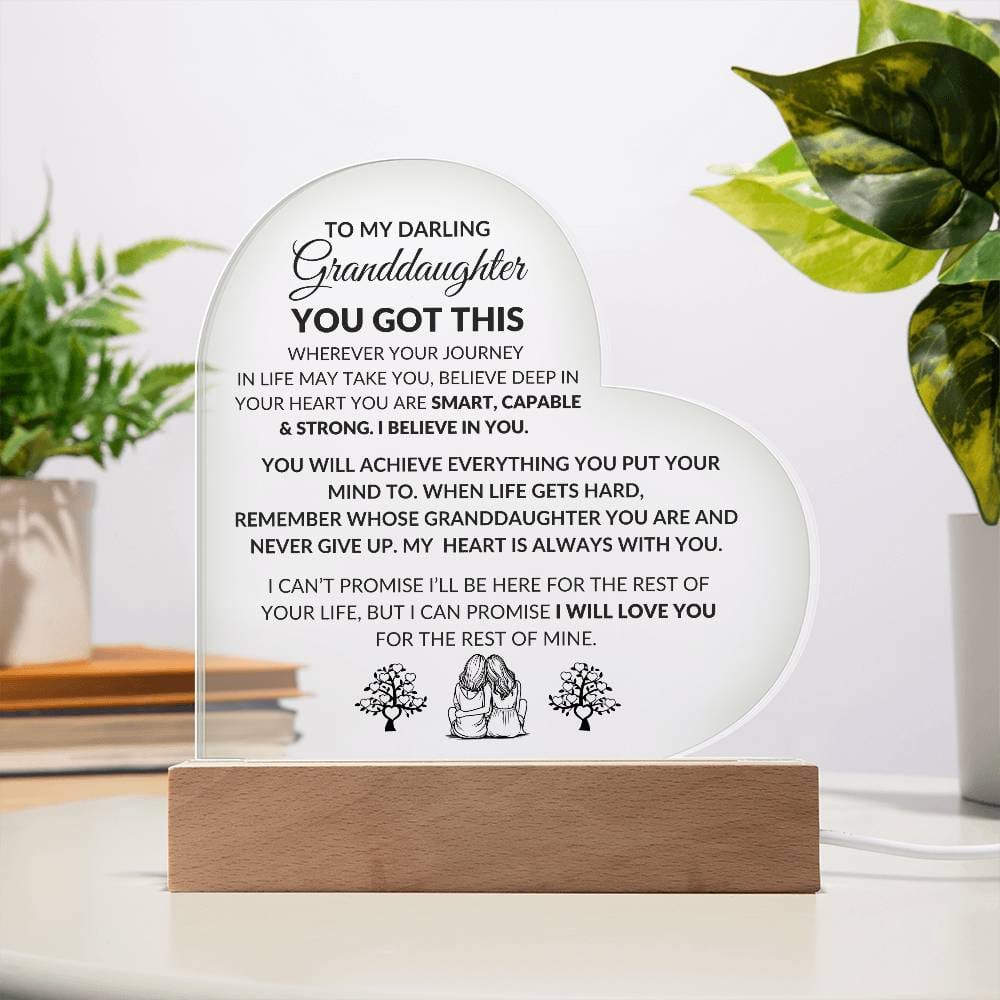 Decorative plaque with a message to a granddaughter on a wooden stand, surrounded by plants.