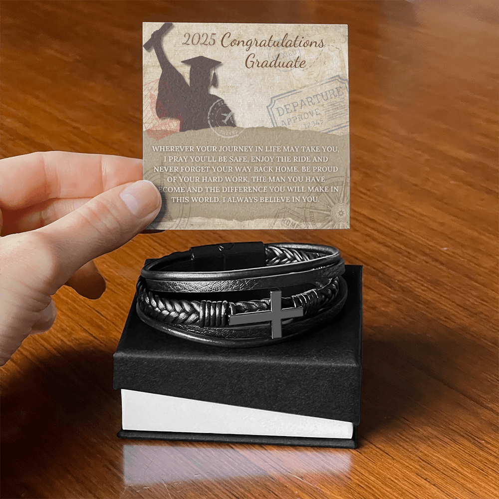 Congratulations Graduate, Leather Cross Bracelet to protect you on your journey