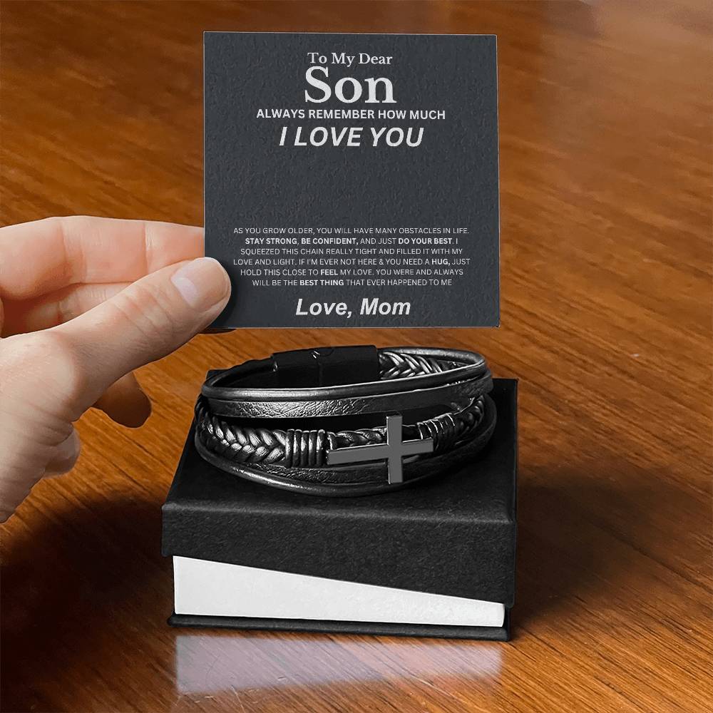 My Dear Son, Love Mom | Men's Cross Bracelet | Leather Bracelet