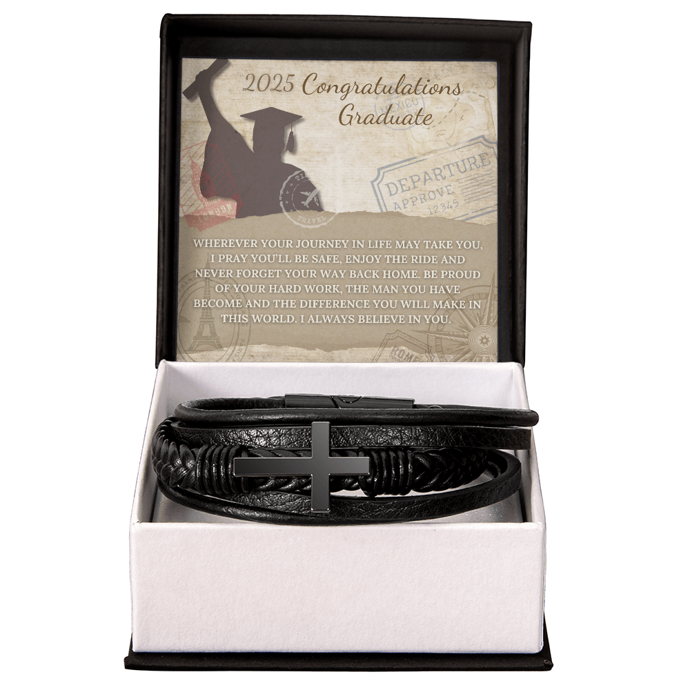 Congratulations Graduate, Leather Cross Bracelet to protect you on your journey