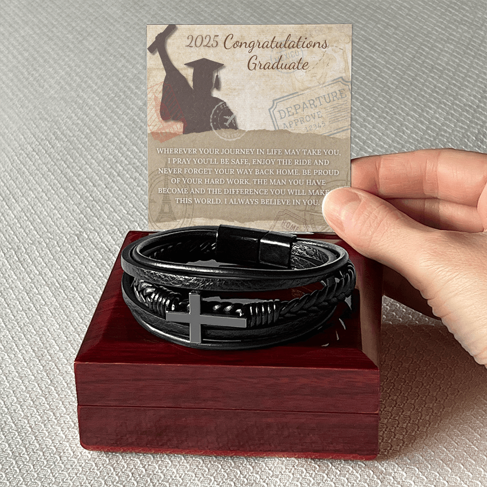 Congratulations Graduate, Leather Cross Bracelet to protect you on your journey
