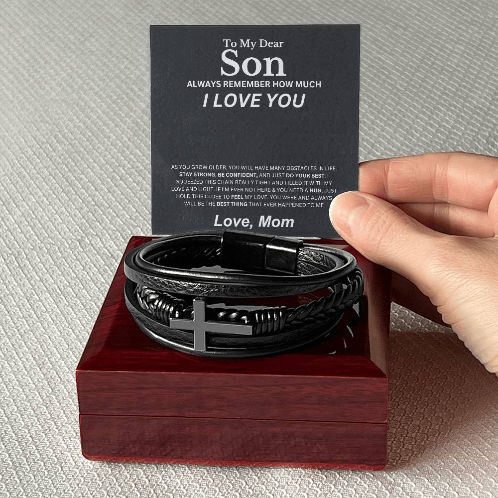My Dear Son, Love Mom | Men's Cross Bracelet | Leather Bracelet