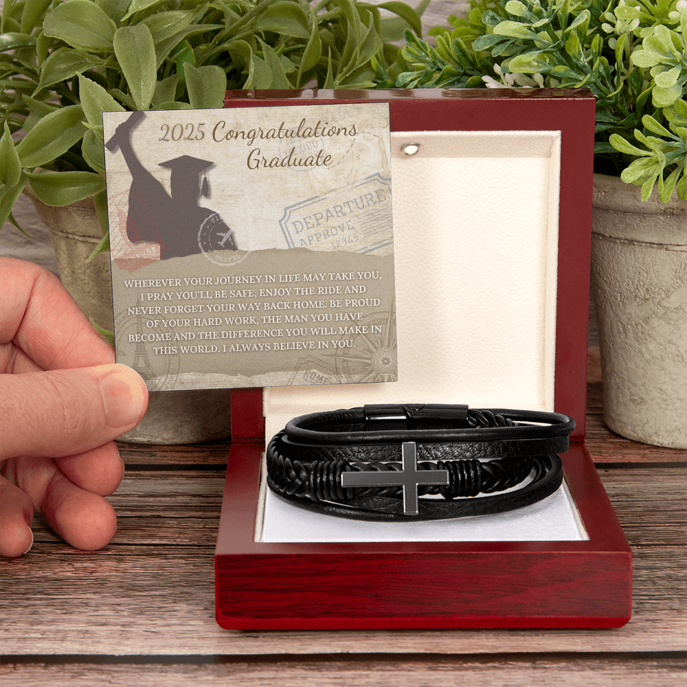 Congratulations Graduate, Leather Cross Bracelet to protect you on your journey