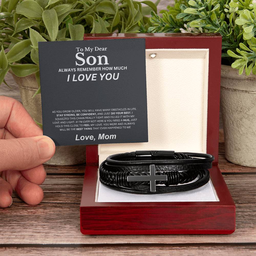 My Dear Son, Love Mom | Men's Cross Bracelet | Leather Bracelet