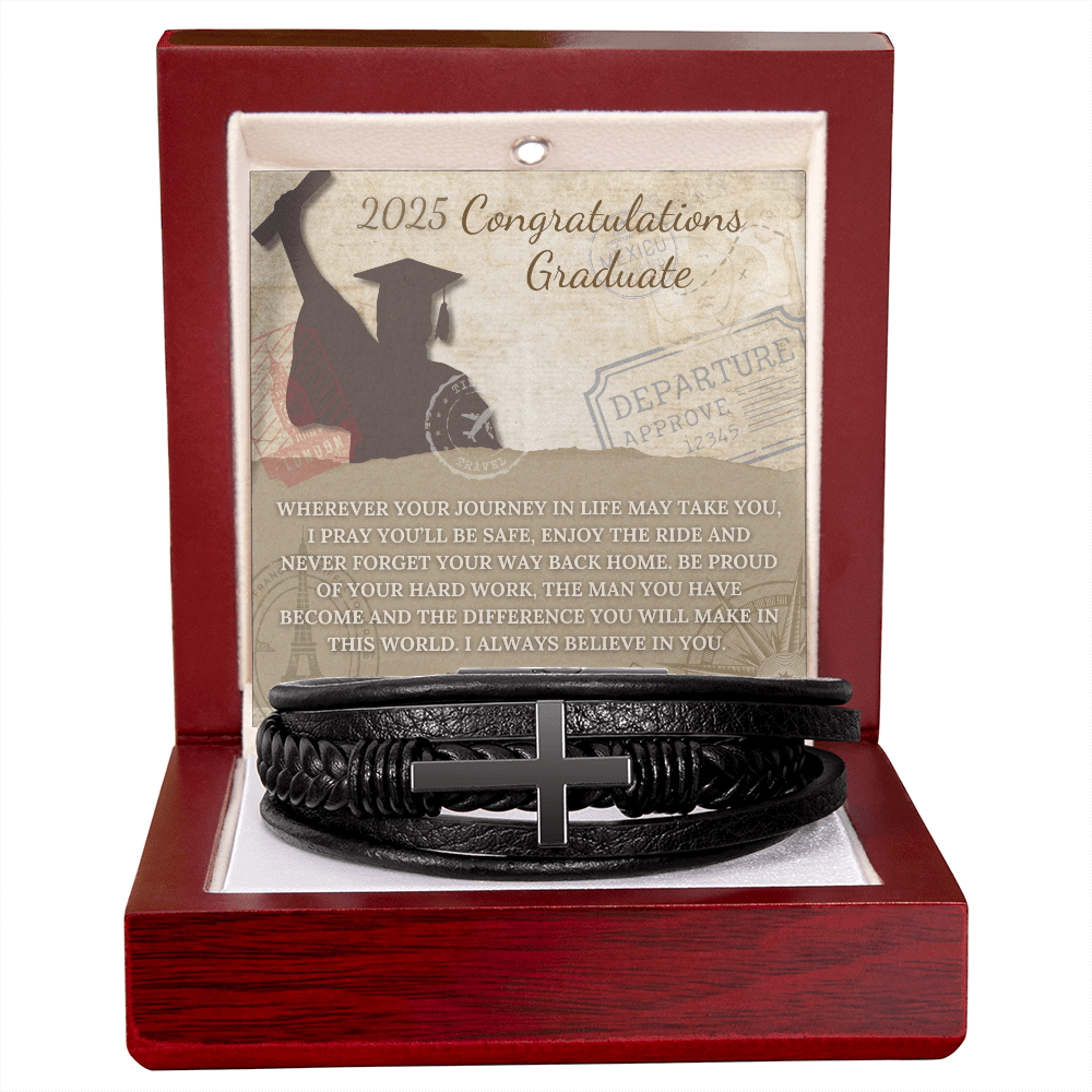 Congratulations Graduate, Leather Cross Bracelet to protect you on your journey