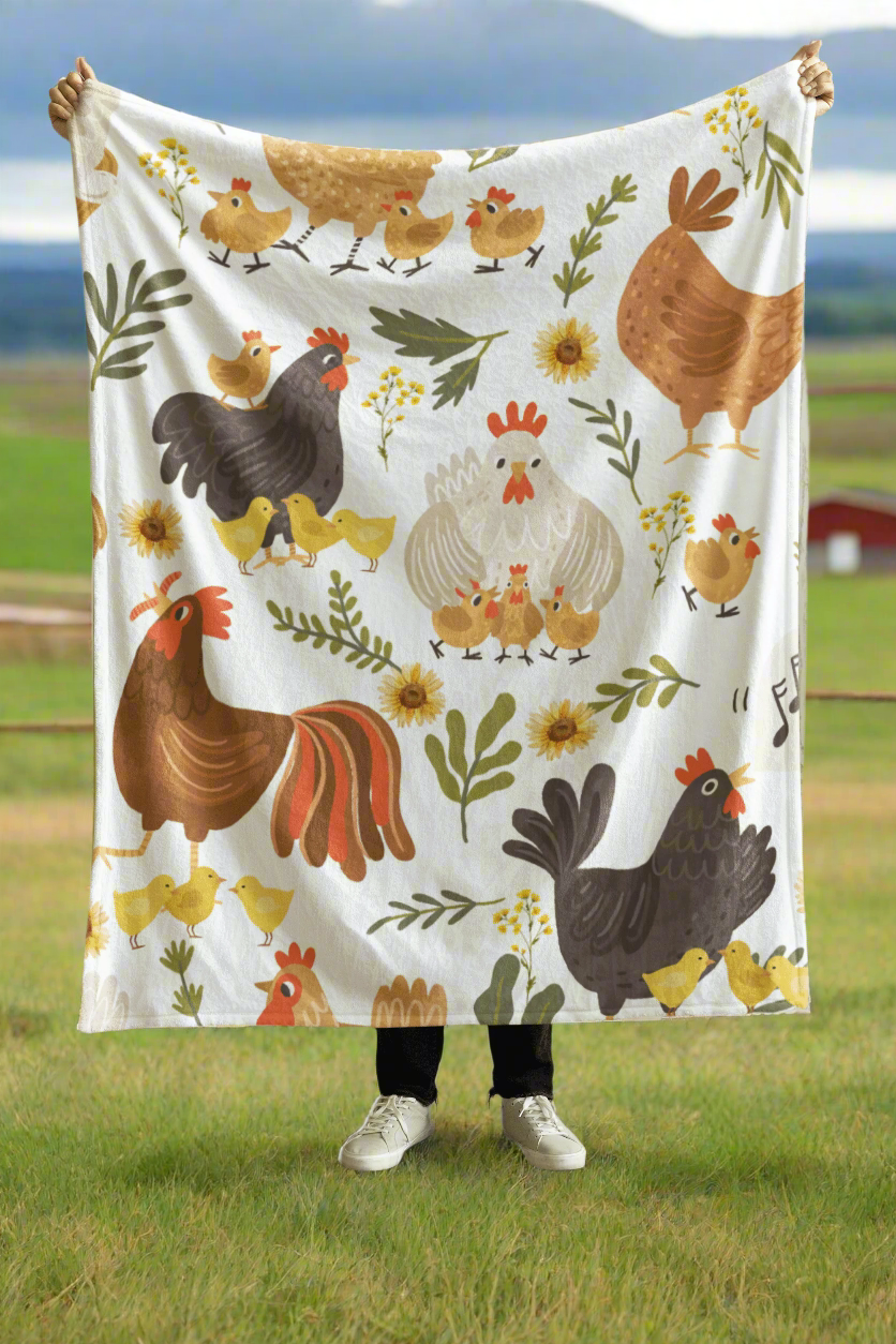 Chickens and Chicks, Cozy Plush Fleece Snuggle Blanket With Roosters, Hens and Chicks