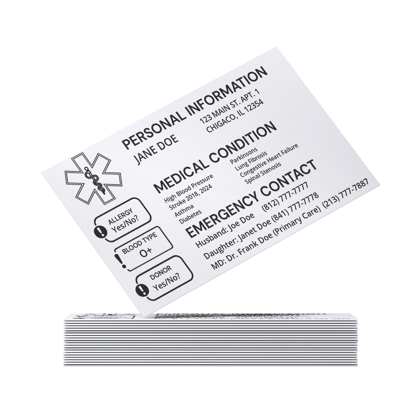 Medical ID cards for car and wallet, SIX Custom engraved emergency contact, Aluminum personalized medical alert ICE card for medical conditions and more  - 2 Sides, laser engraved