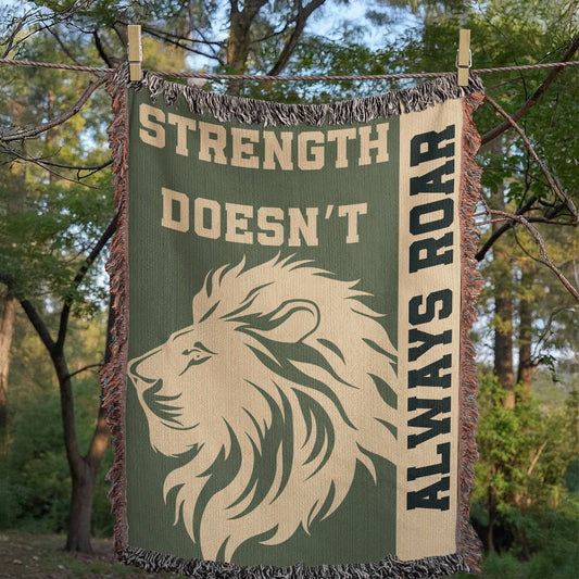 Strength Doesn’t Always Roar Blanket – Woven Lion Throw for Men, Encouragement Gift, Recovery Blanket, Mental Health Support Gift