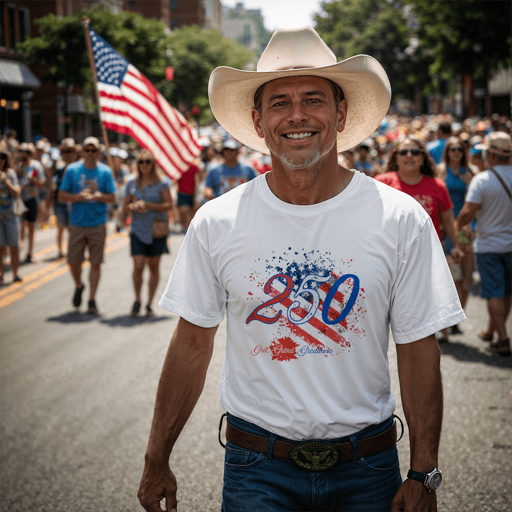 A man wearing a t-shirt with a USA Flag and 250 on it