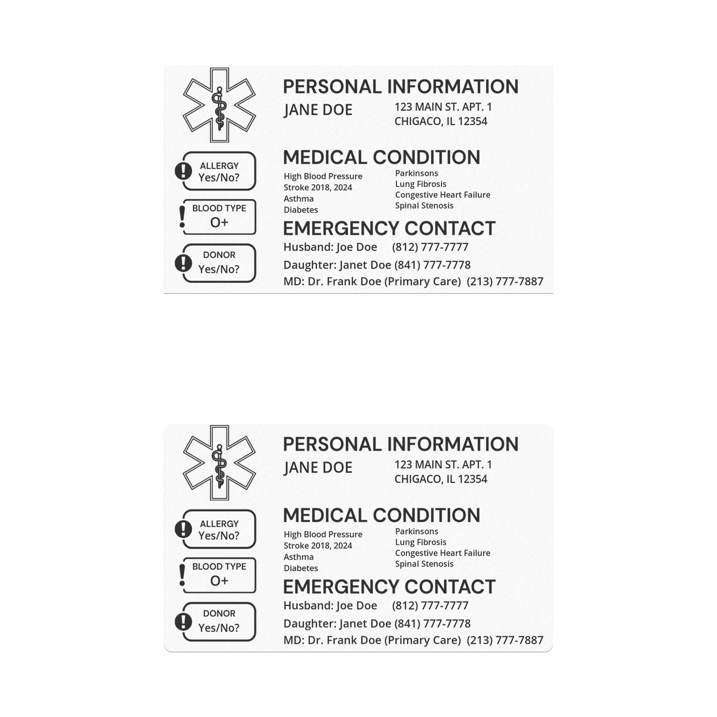 Two medical ID cards with rounded and squared edges on a white background