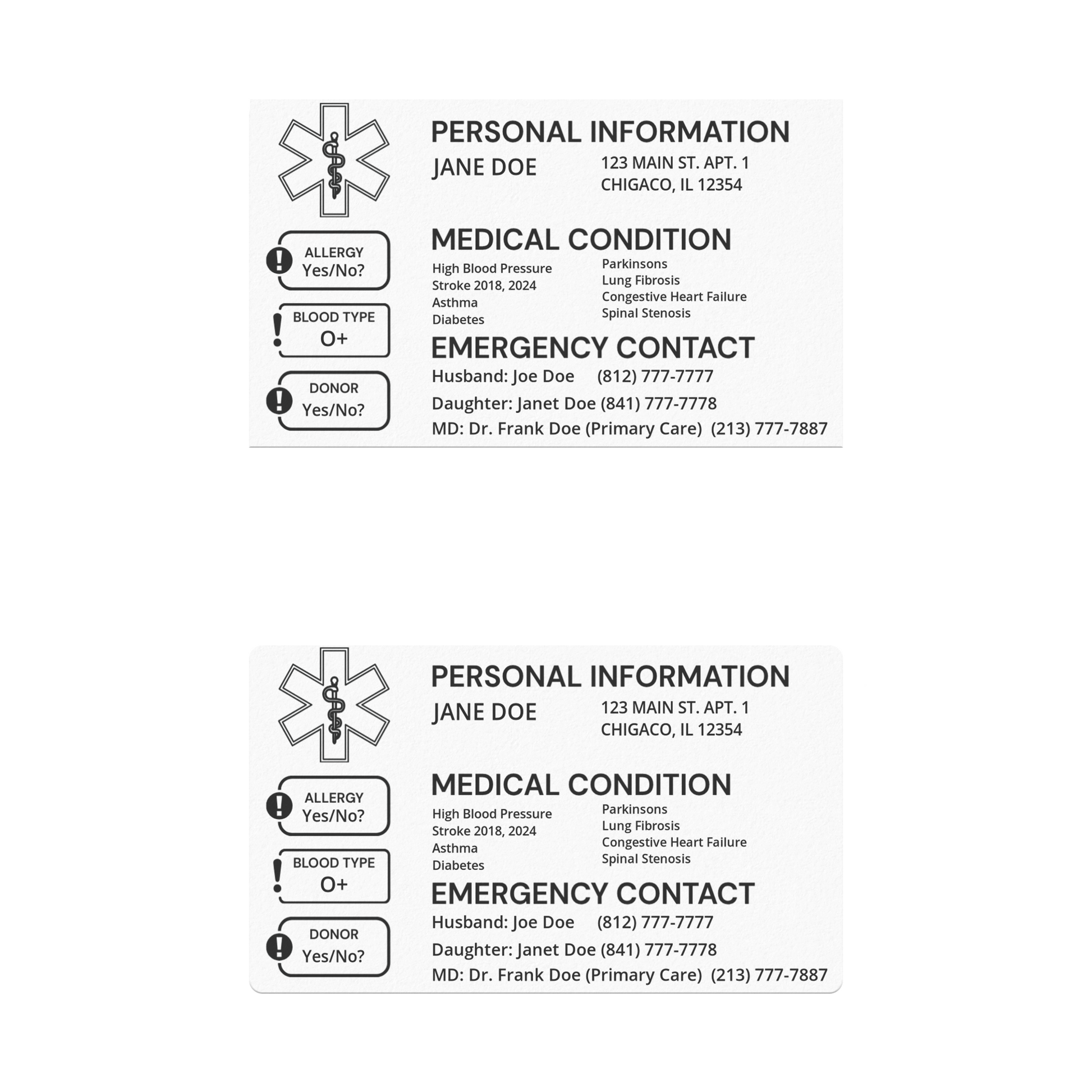 Two medical ID cards with rounded and squared edges on a white background