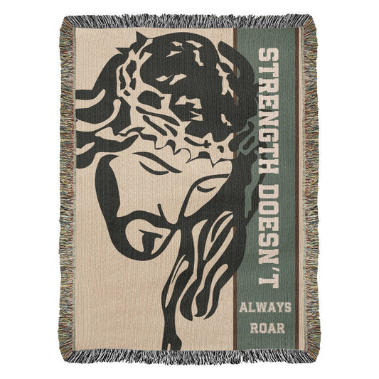 Jesus Strength Blanket – Woven Christian Throw for Men, Faith-Based Gift, Religious Comfort Blanket, Strength Doesn’t Always Roar