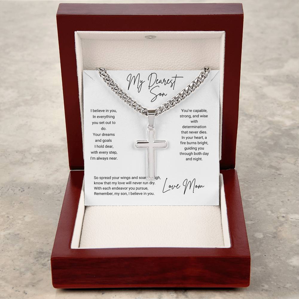 To My Son | I Believe In You, Love Mom | Personalized Steel Cross Necklace on Cuban Chain w/ MC | Graduation | Wedding |New Job - BespokeBliss