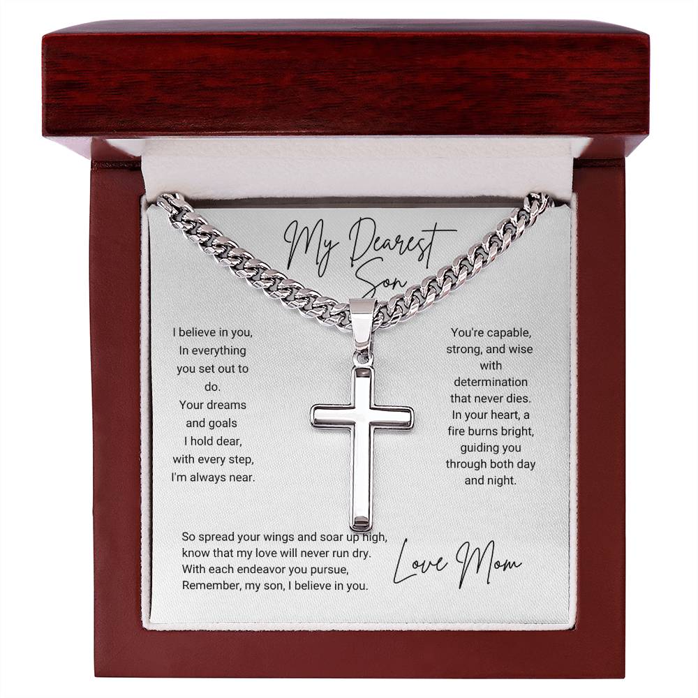 To My Son | I Believe In You, Love Mom | Personalized Steel Cross Necklace on Cuban Chain w/ MC | Graduation | Wedding |New Job - BespokeBliss