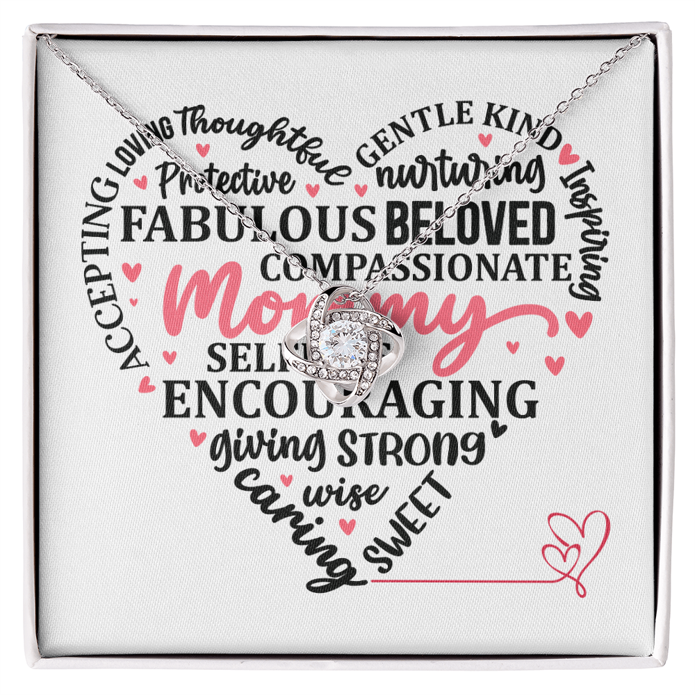 Necklace with heart-shaped pendant in a box with text