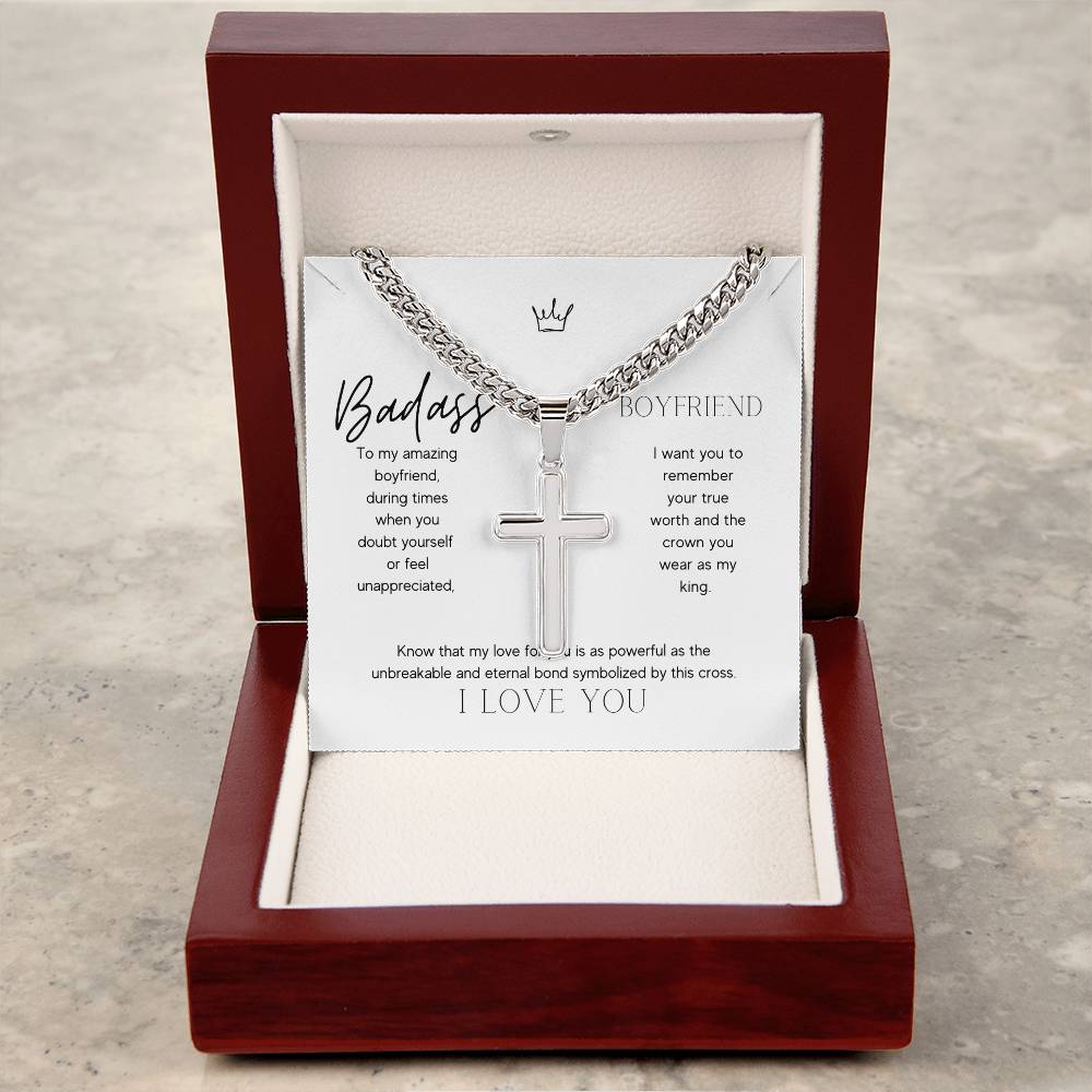 Badass Boyfriend Artisan Cross Necklace on Cuban Chain Gift | Boyfriend Gift Anniversary Birthday - BespokeBliss