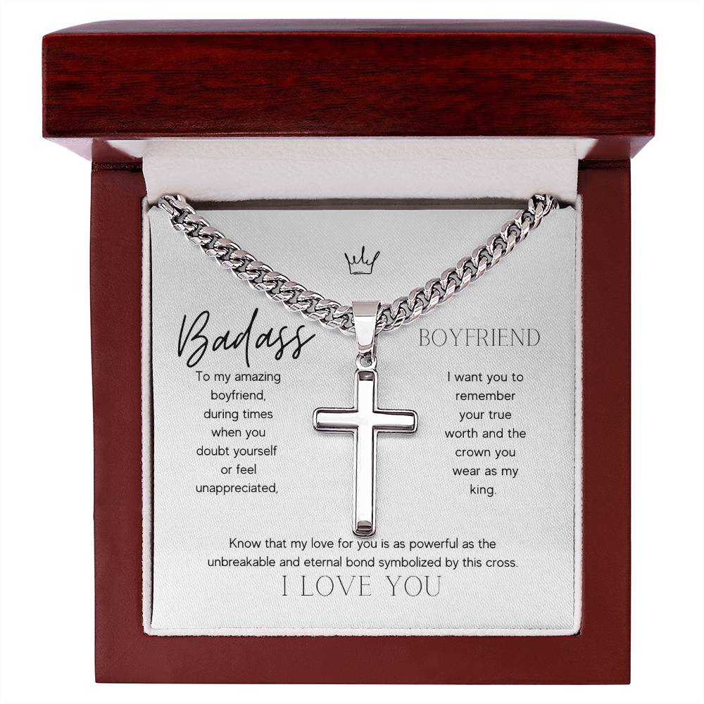 Badass Boyfriend Artisan Cross Necklace on Cuban Chain Gift | Boyfriend Gift Anniversary Birthday - BespokeBliss