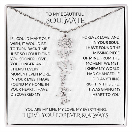 Beautiful Soulmate Birth Flower Name Necklace & Message Card