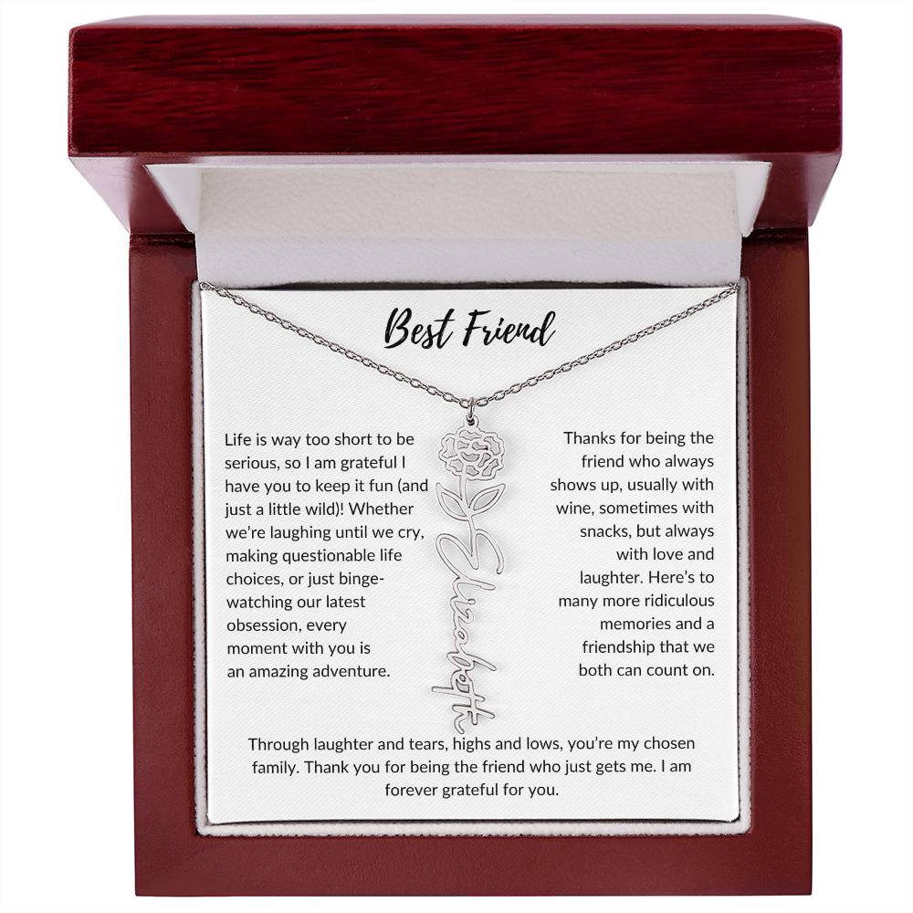 To My Best Friend, Life is Way To Short | Personalized Birth Month Name Necklace & Message Card