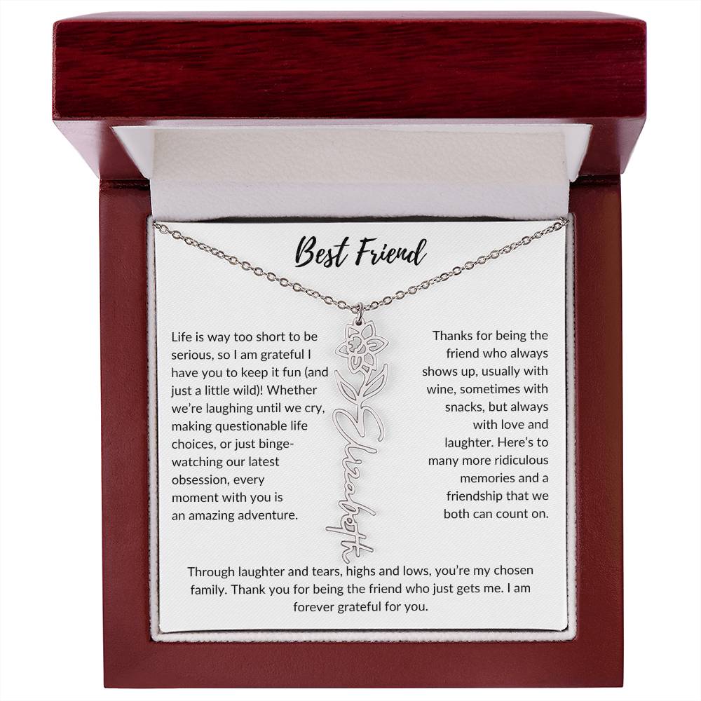 To My Best Friend, Life is Way To Short | Personalized Birth Month Name Necklace & Message Card