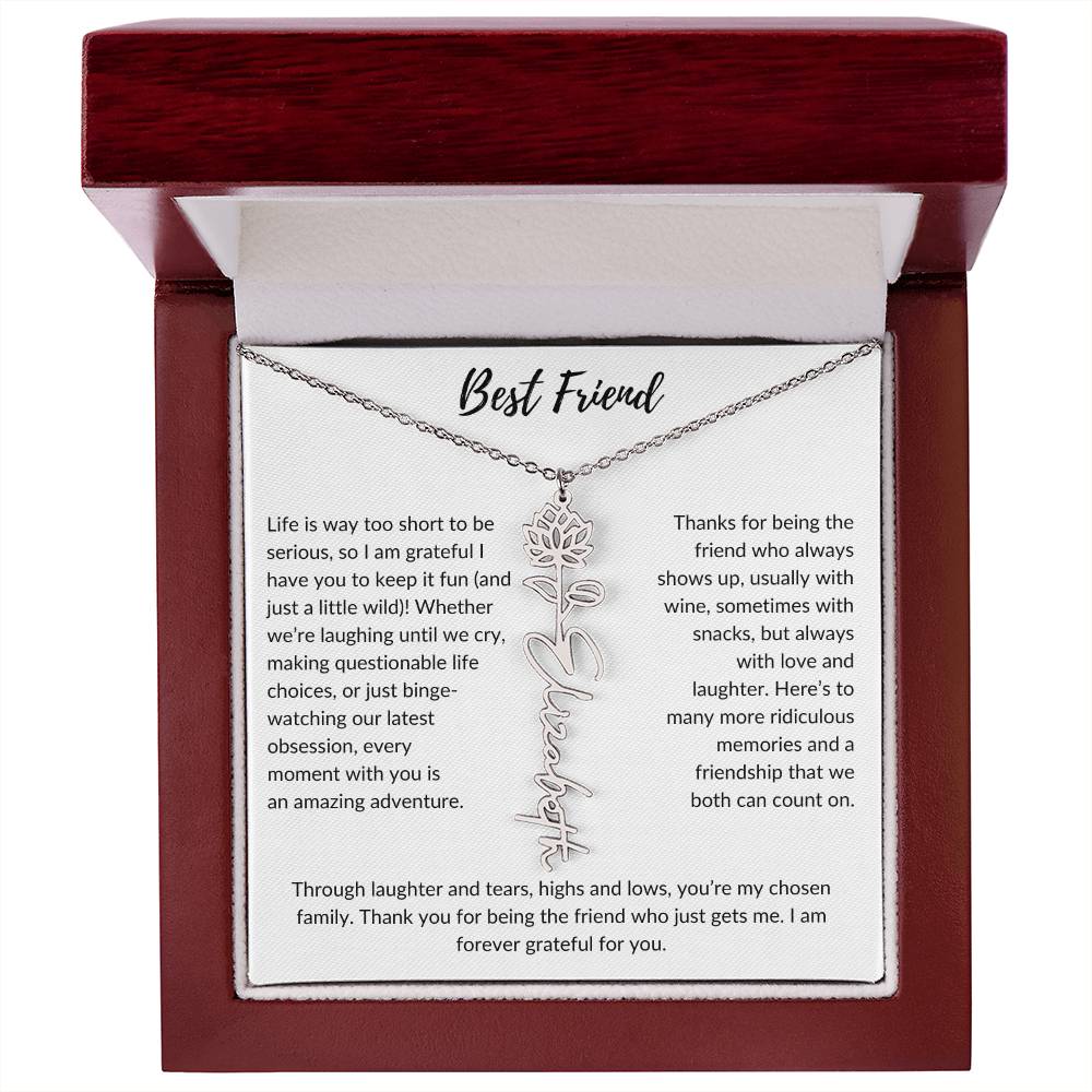 To My Best Friend, Life is Way To Short | Personalized Birth Month Name Necklace & Message Card